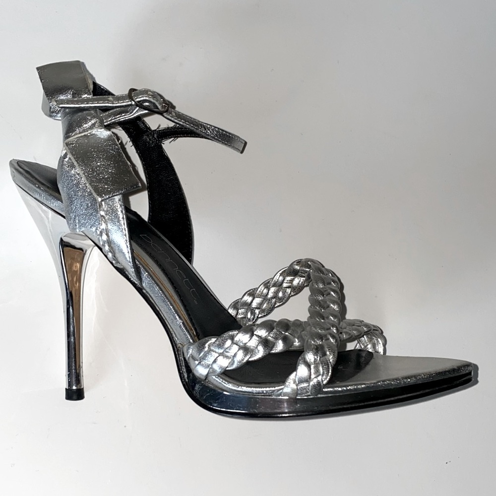 Silver side bow ankle strap heels